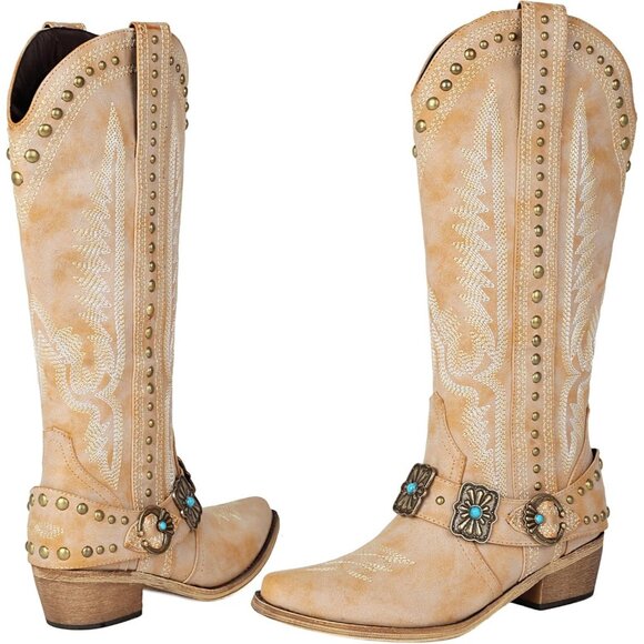 Women's Metallic Buckle Turquoise Knee High Rubber Rivet Western Tan Boots - Picture 3 of 6